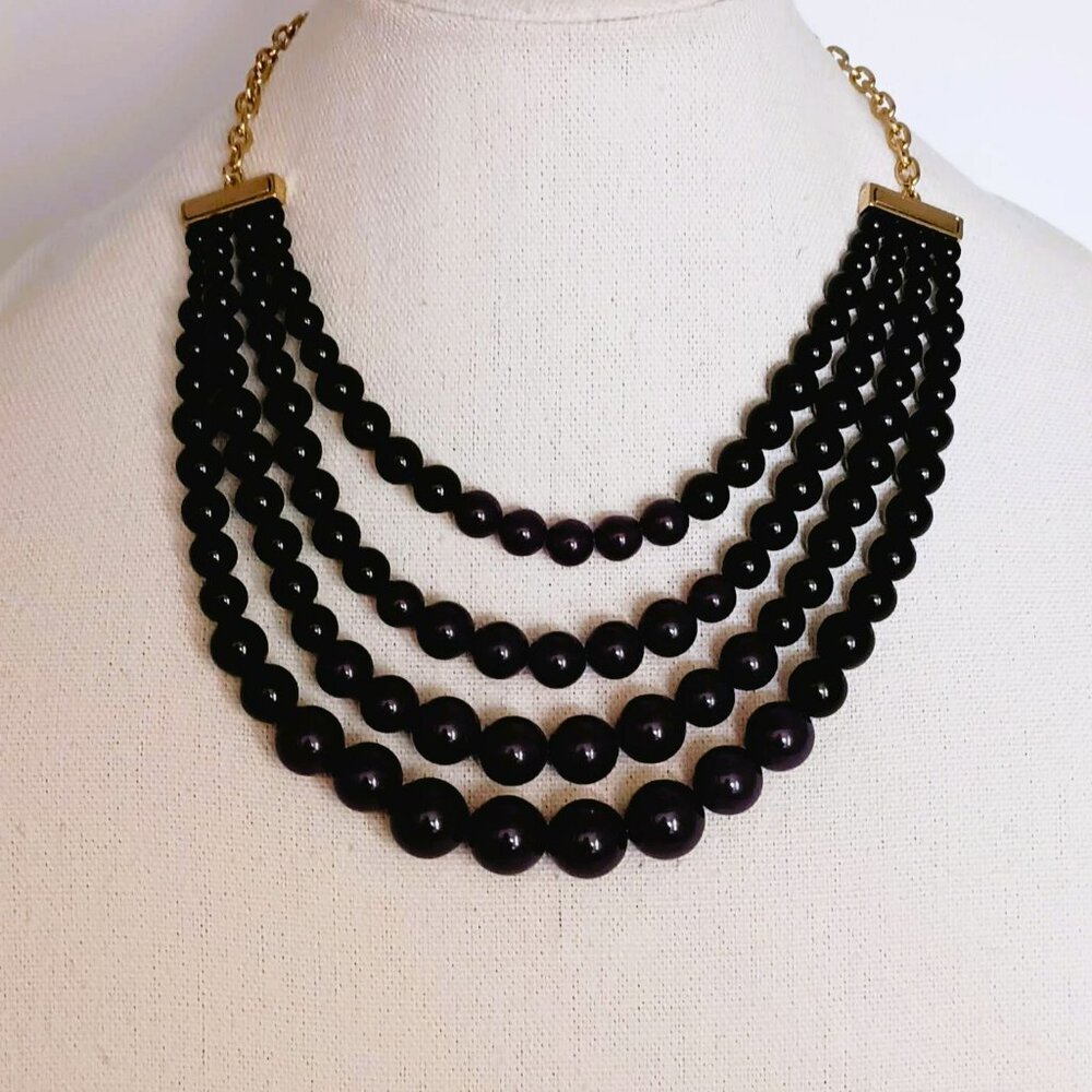 Vtg Lucite Bead Collar Necklace 16" Black Tiered Gold Multiple Strand Jewelry